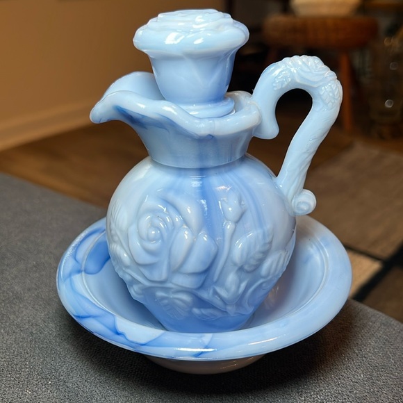 Vintage Other - Vintage Delphite Blue Slag Glass Perfume Bottle Small Victorian Style Wash Set